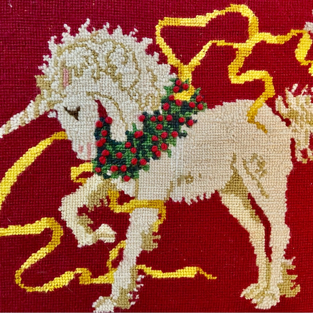 Vintage Framed Prancing Christmas Unicorn Tapestry Needlepoint